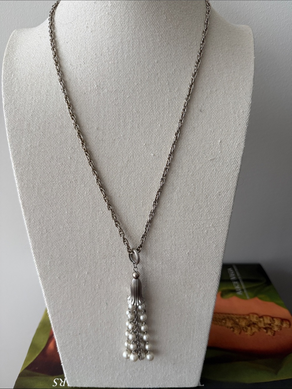 Vintage Silver Tone Necklace with Faux Pearl Tassel Pendant.
